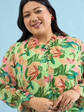Green Floral Frill Sleeves Button Down Shirt -SASSAFRAS Curve