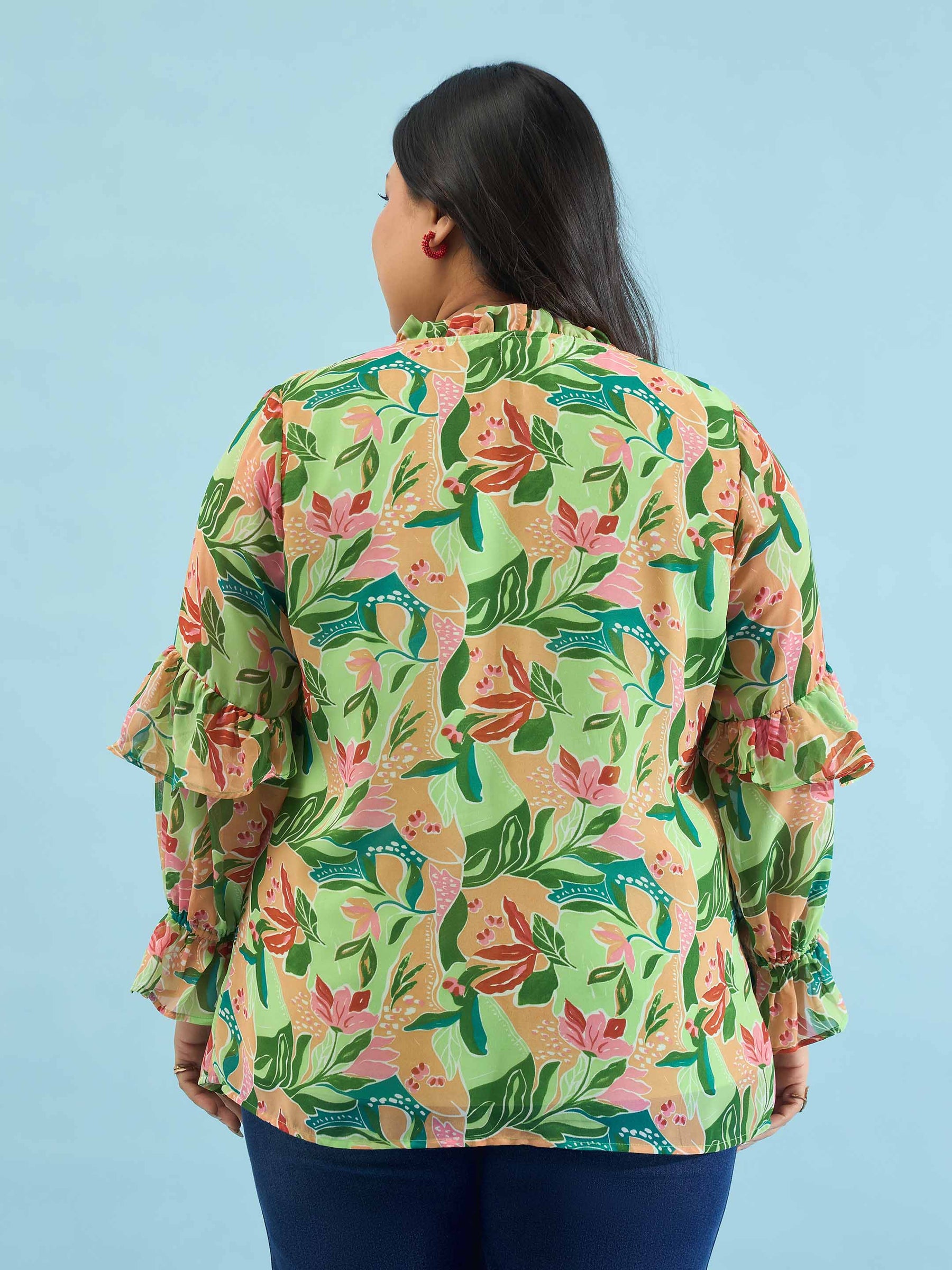Green Floral Frill Sleeves Button Down Shirt -SASSAFRAS Curve