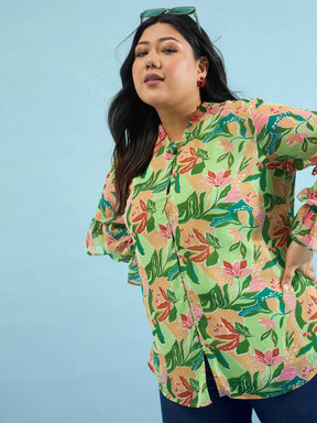 Women Green Floral Frill Sleeves Button Down Shirt