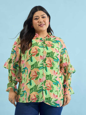 Women Green Floral Frill Sleeves Button Down Shirt