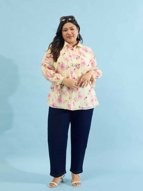 Yellow Floral Front Pin Tuck Tie Knot Shirt -SASSAFRAS Curve
