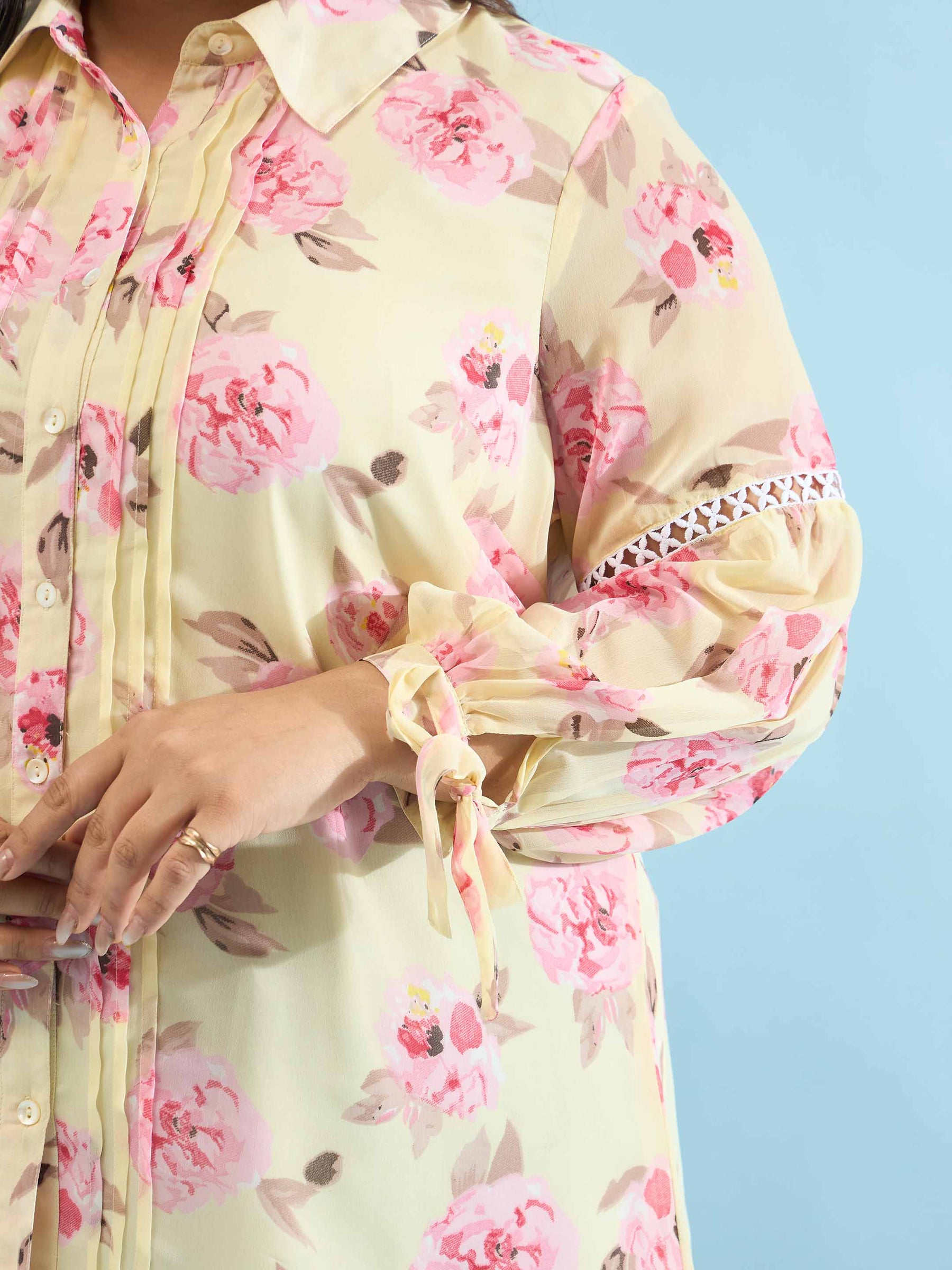 Yellow Floral Front Pin Tuck Tie Knot Shirt -SASSAFRAS Curve