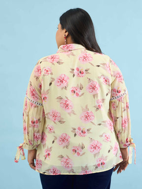 Women Yellow Floral Front Pin Tuck Tie Knot Shirt