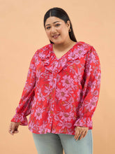 Red Floral Frill Neck Regular Shirt -SASSAFRAS Curve