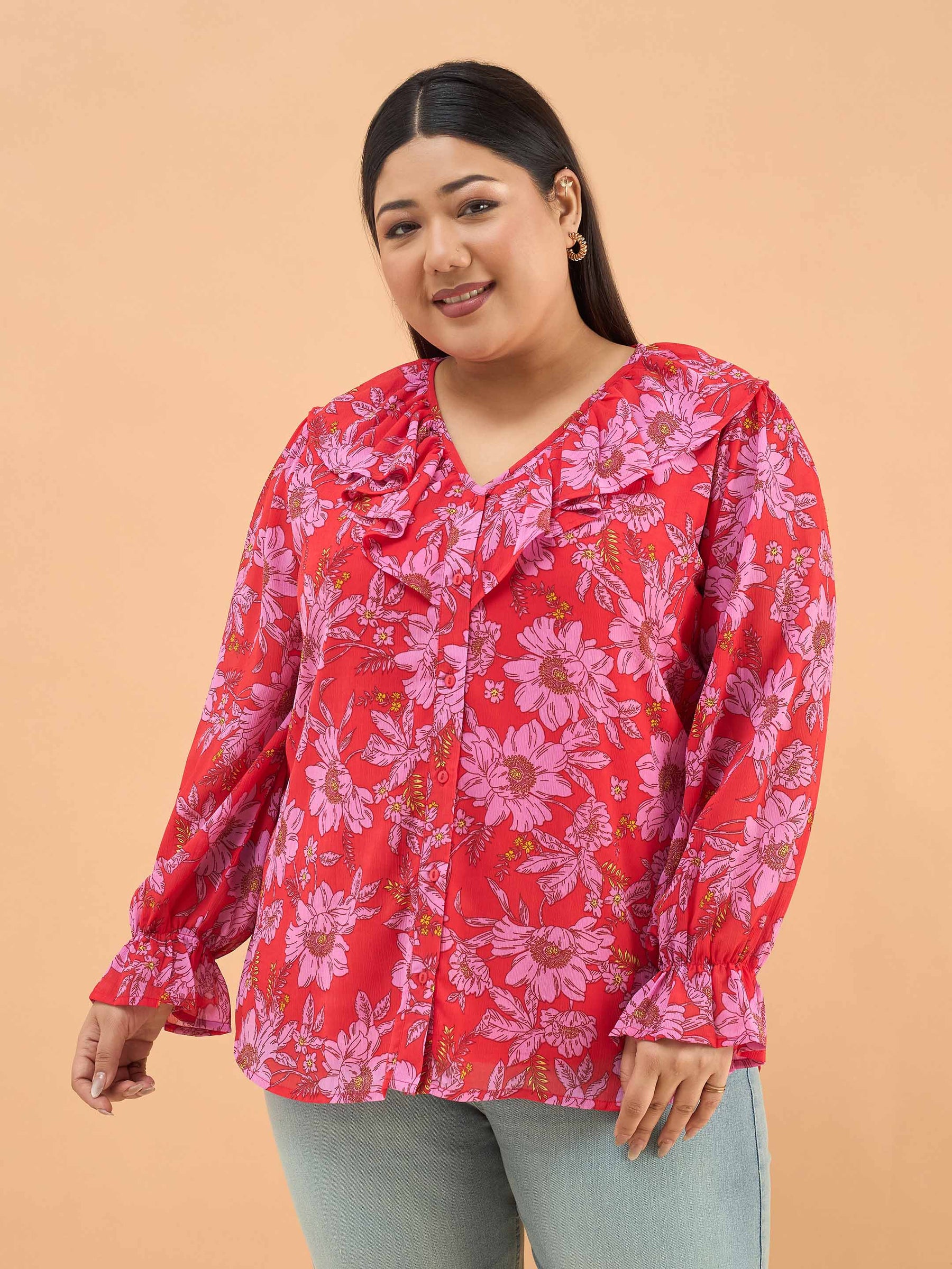 Red Floral Frill Neck Regular Shirt -SASSAFRAS Curve