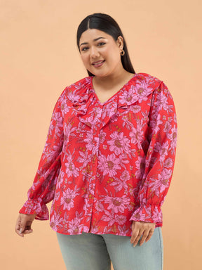 Red Floral Frill Neck Regular Shirt -SASSAFRAS Curve