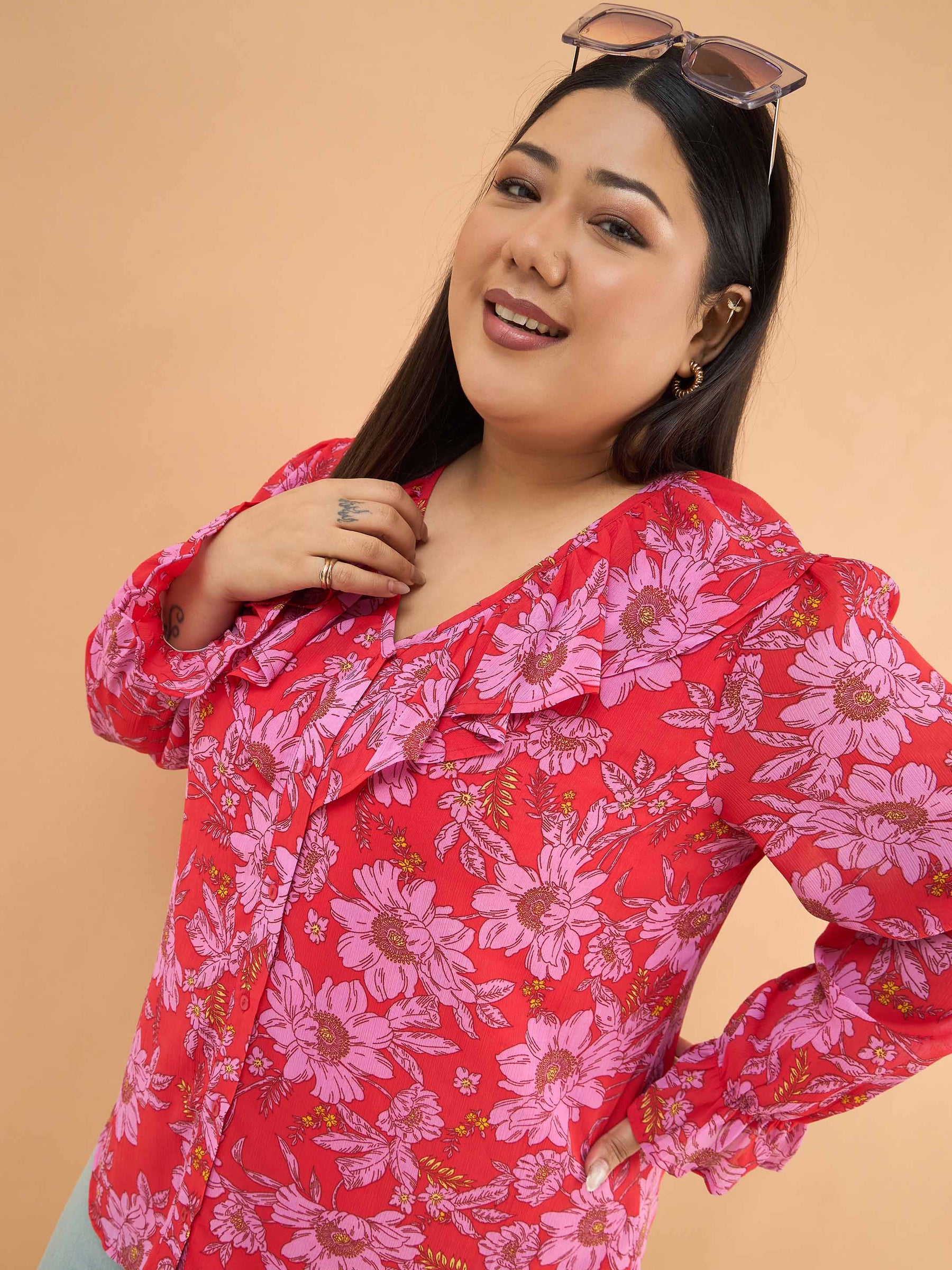 Red Floral Frill Neck Regular Shirt -SASSAFRAS Curve