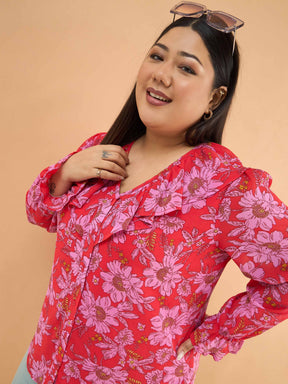 Red Floral Frill Neck Regular Shirt -SASSAFRAS Curve