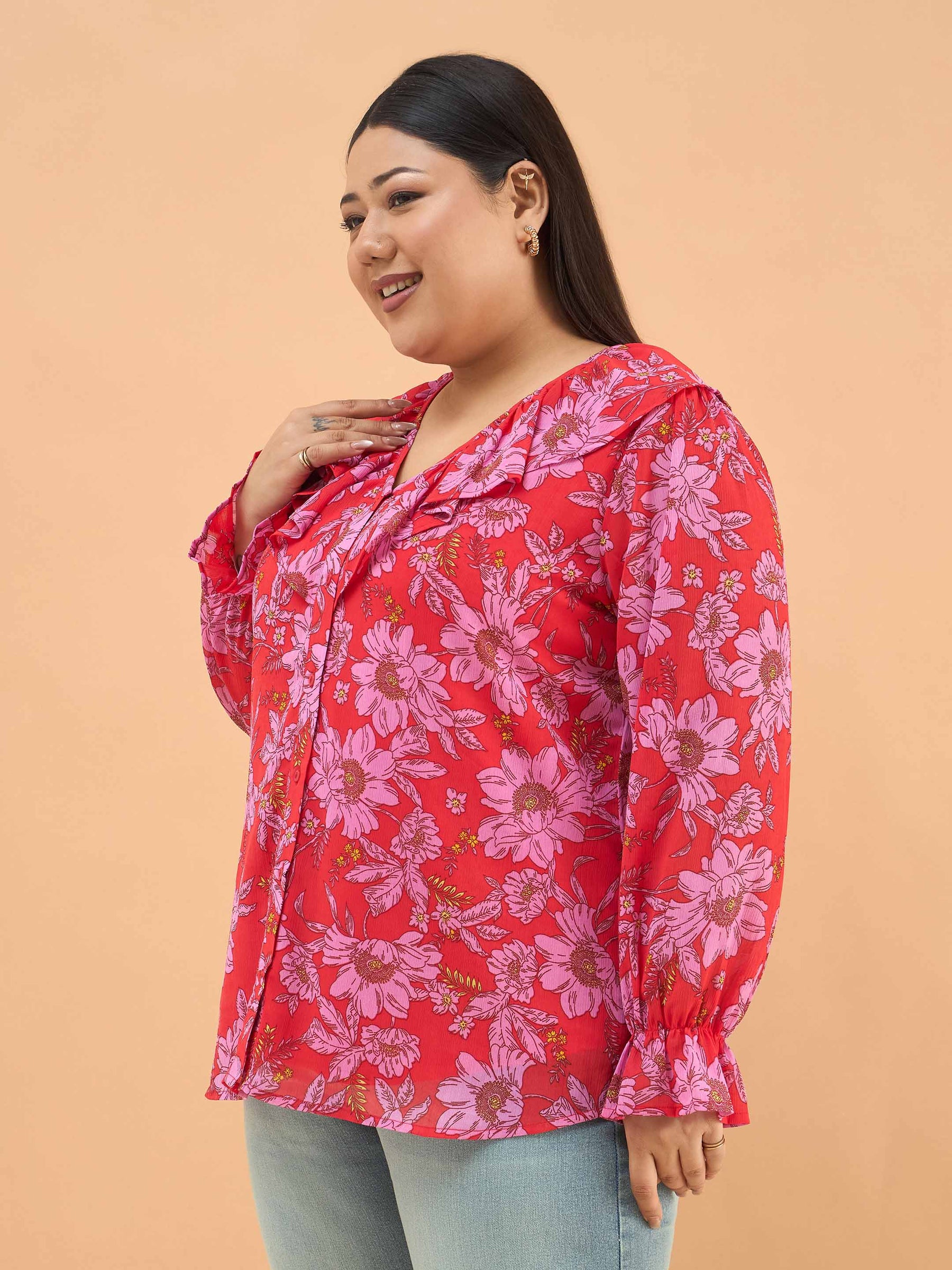Red Floral Frill Neck Regular Shirt -SASSAFRAS Curve
