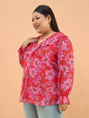 Red Floral Frill Neck Regular Shirt -SASSAFRAS Curve