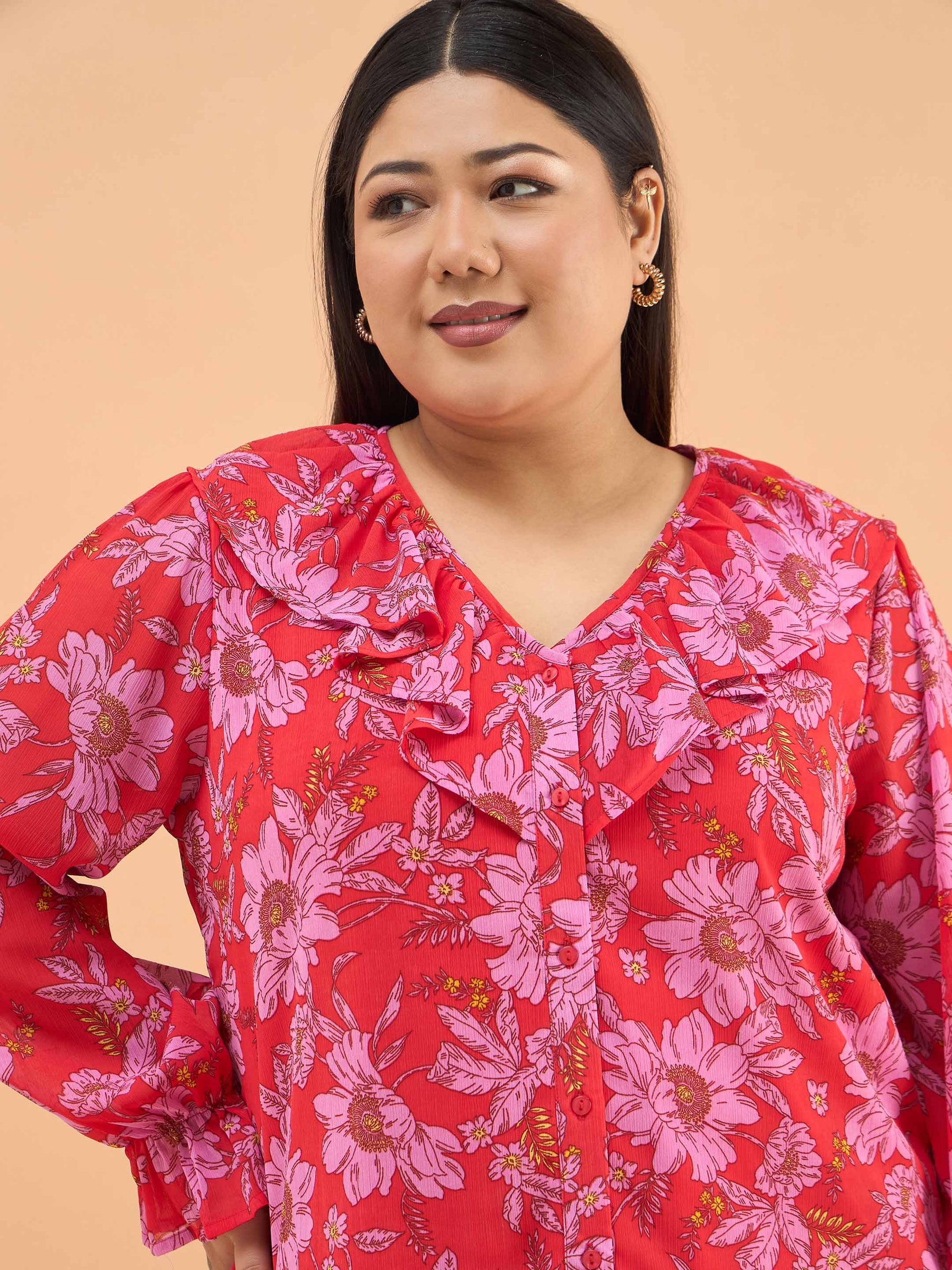 Red Floral Frill Neck Regular Shirt -SASSAFRAS Curve