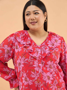 Red Floral Frill Neck Regular Shirt -SASSAFRAS Curve