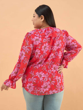 Red Floral Frill Neck Regular Shirt -SASSAFRAS Curve