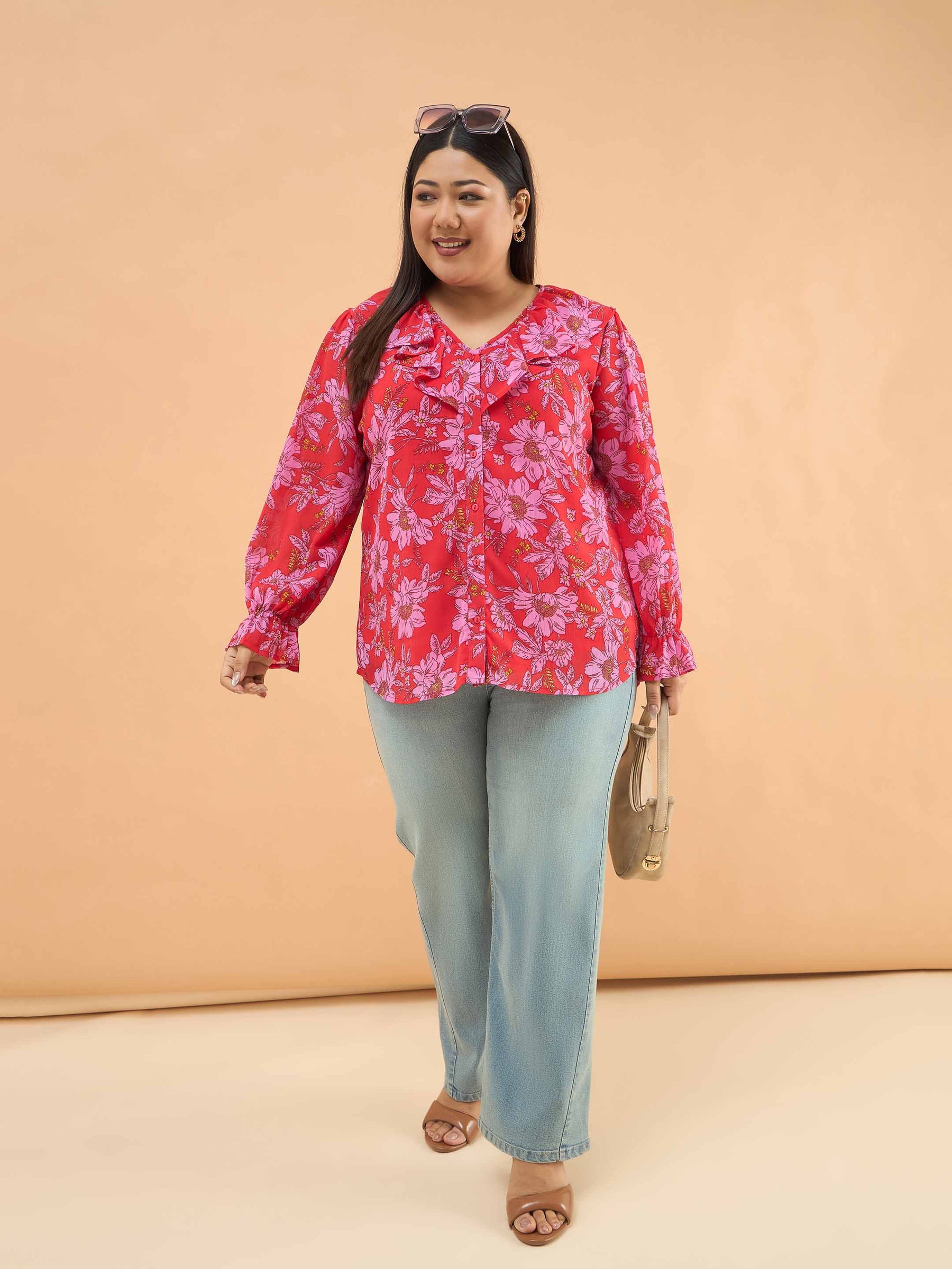 Women Red Floral Frill Neck Regular Shirt