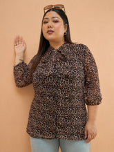 Women Black Animal Print Neck Tie-Up Regular Shirt
