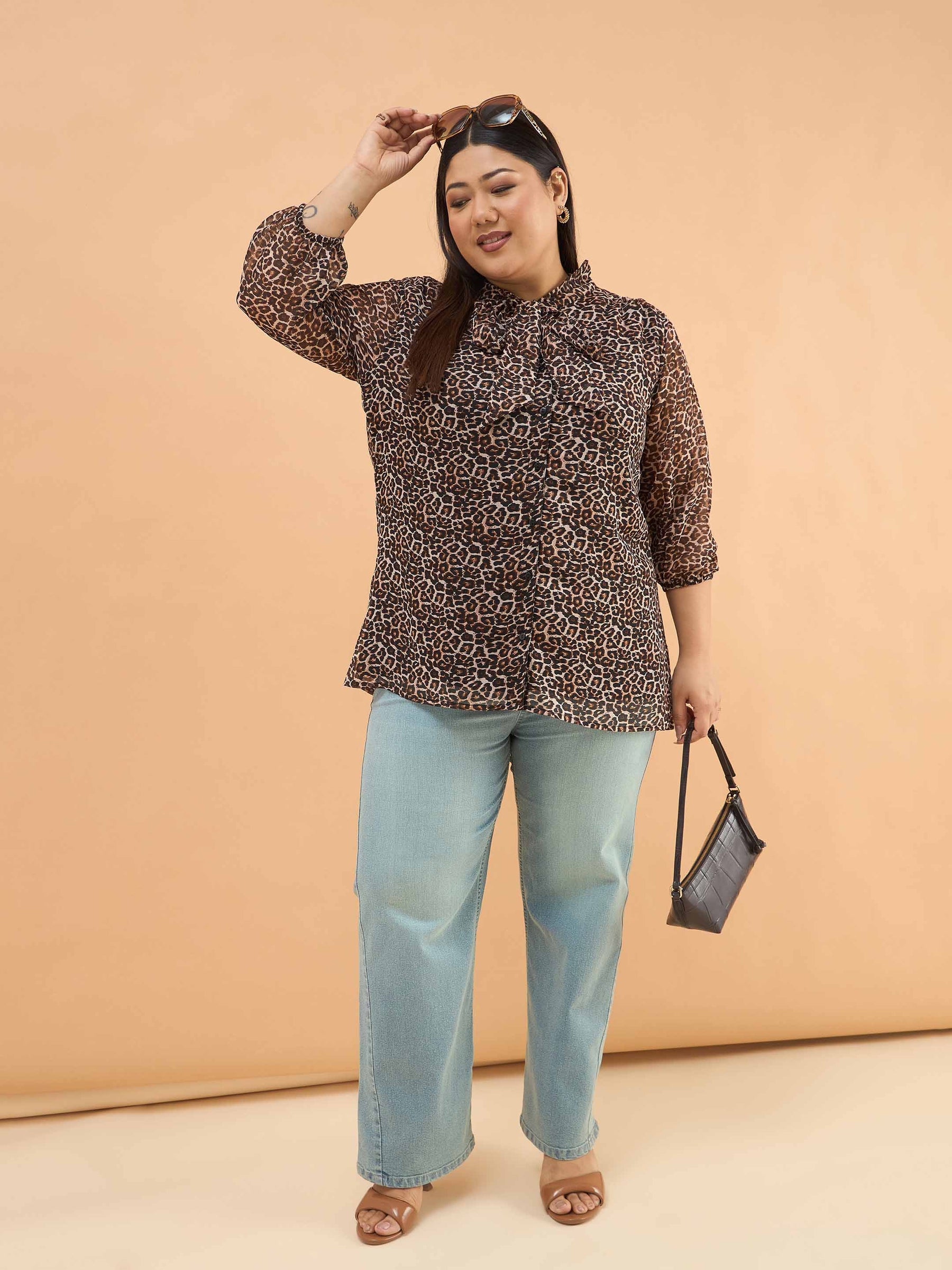 Black Animal Print Neck Tie-Up Regular Shirt-SASSAFRAS Curve