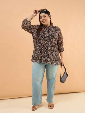 Black Animal Print Neck Tie-Up Regular Shirt-SASSAFRAS Curve