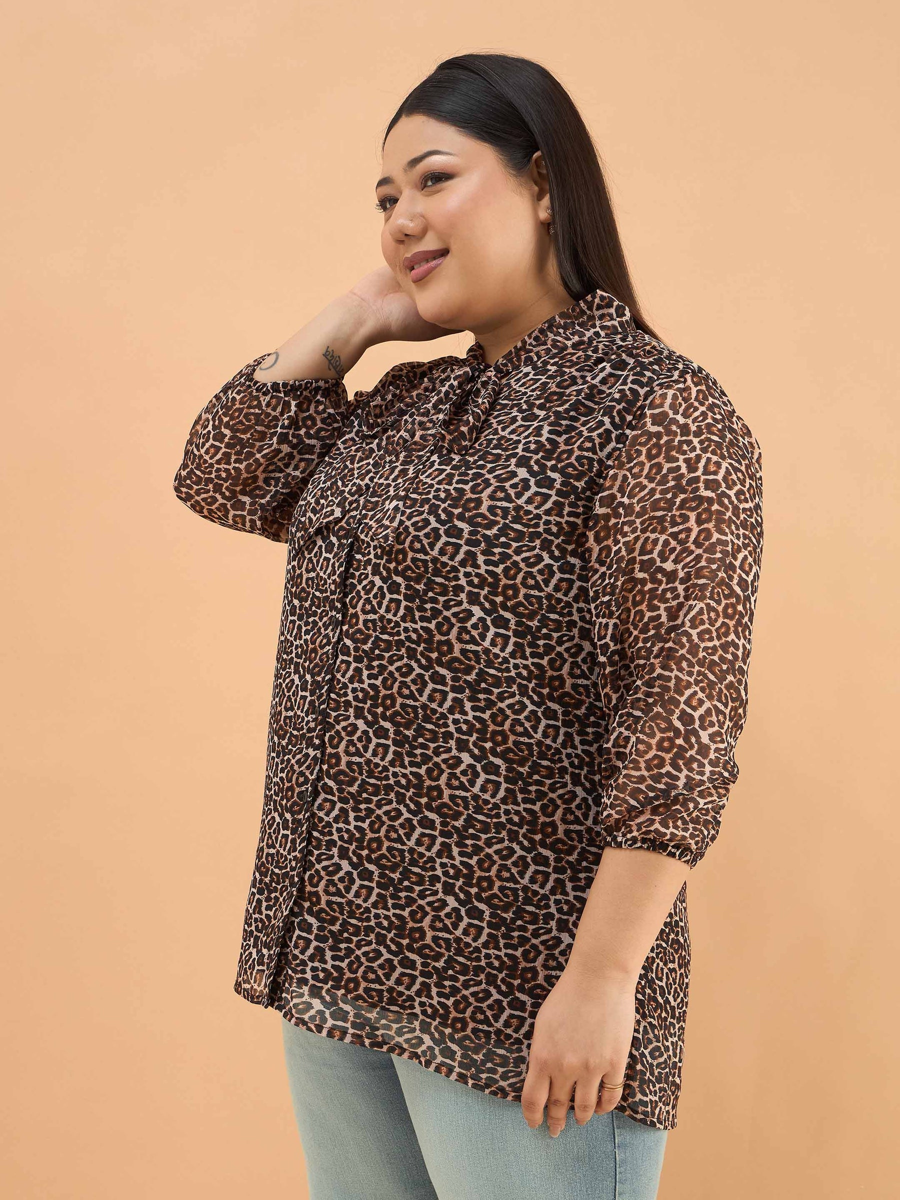 Black Animal Print Neck Tie-Up Regular Shirt-SASSAFRAS Curve