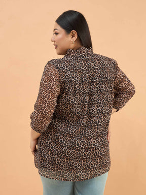 Black Animal Print Neck Tie-Up Regular Shirt-SASSAFRAS Curve