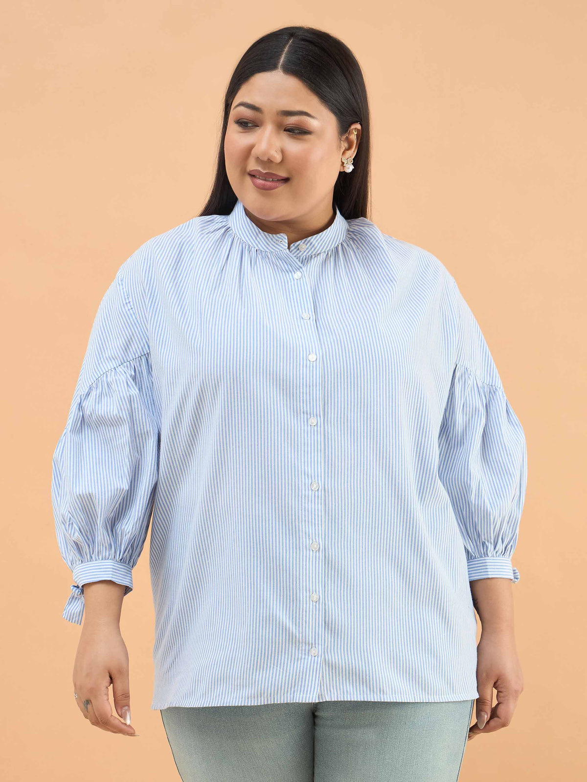 Ice Blue Stripes Mandarin Collar Tie Knot Shirt-SASSAFRAS Curve