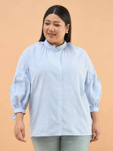 Ice Blue Stripes Mandarin Collar Tie Knot Shirt-SASSAFRAS Curve