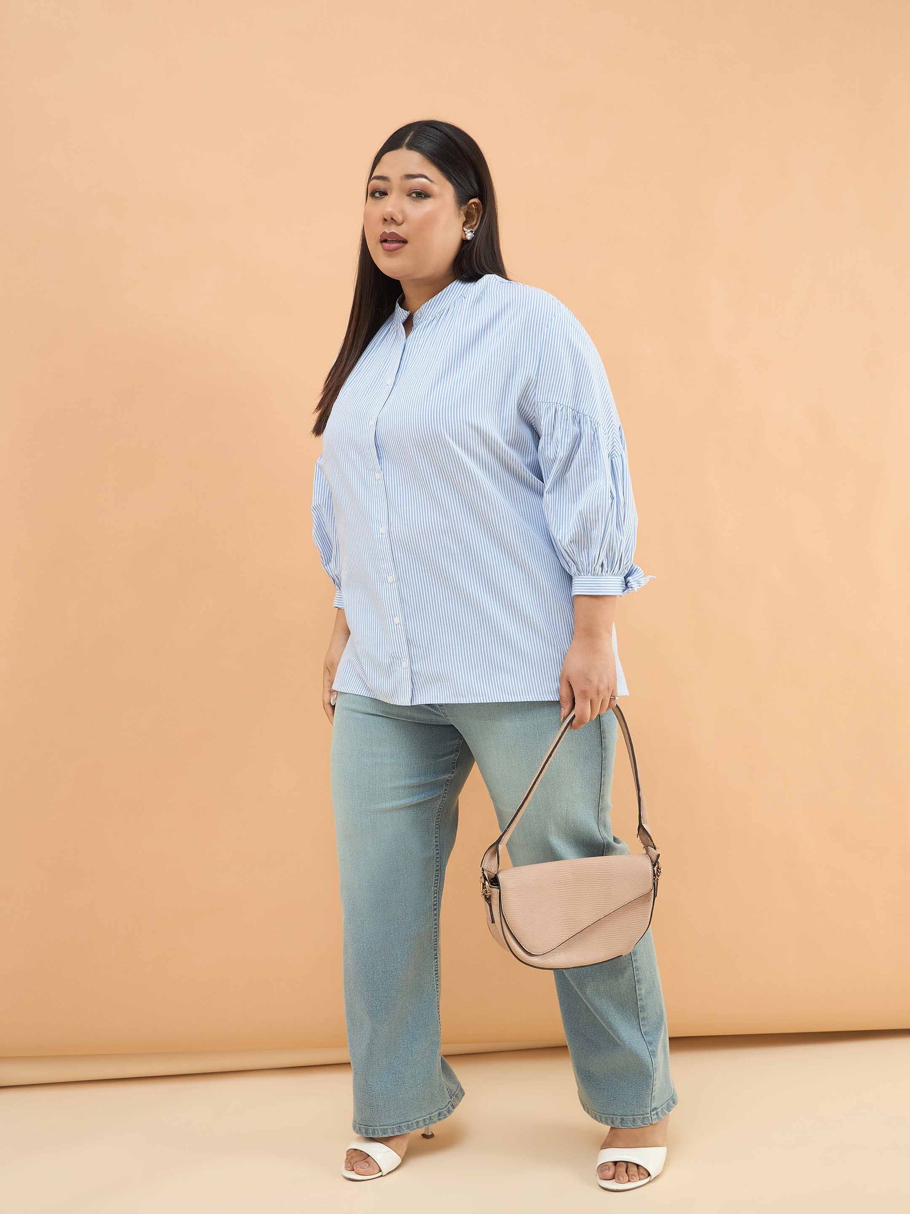 Ice Blue Stripes Mandarin Collar Tie Knot Shirt-SASSAFRAS Curve