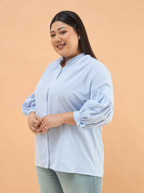 Ice Blue Stripes Mandarin Collar Tie Knot Shirt-SASSAFRAS Curve