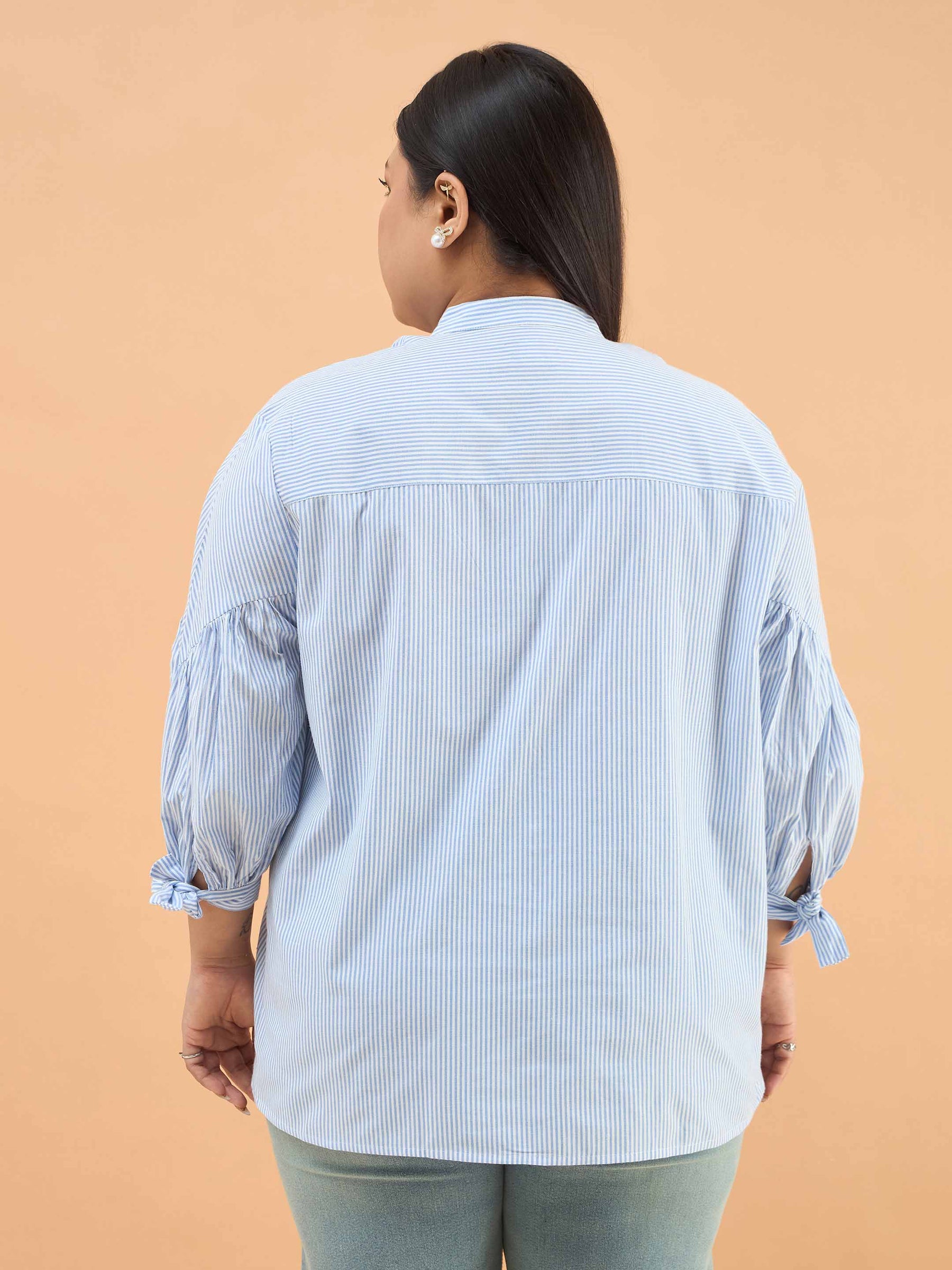 Ice Blue Stripes Mandarin Collar Tie Knot Shirt-SASSAFRAS Curve