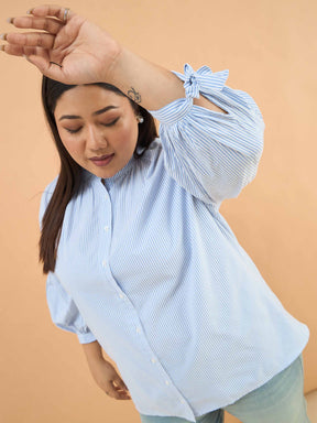 Women Ice Blue Stripes Mandarin Collar Tie Knot Shirt