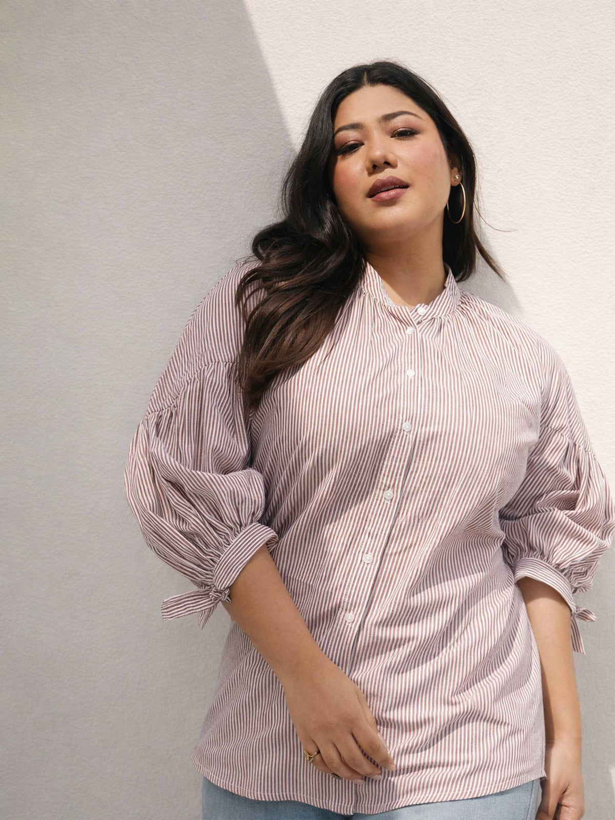 Brown Stripes Mandarin Collar Tie Knot Shirt-SASSAFRAS Curve