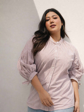 Brown Stripes Mandarin Collar Tie Knot Shirt-SASSAFRAS Curve