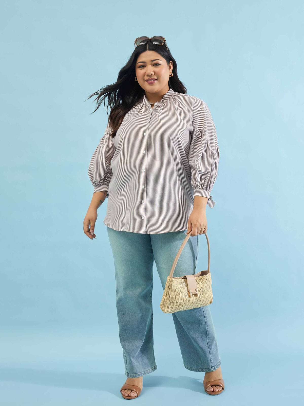 Brown Stripes Mandarin Collar Tie Knot Shirt-SASSAFRAS Curve