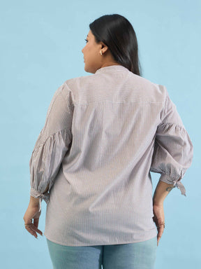 Brown Stripes Mandarin Collar Tie Knot Shirt-SASSAFRAS Curve
