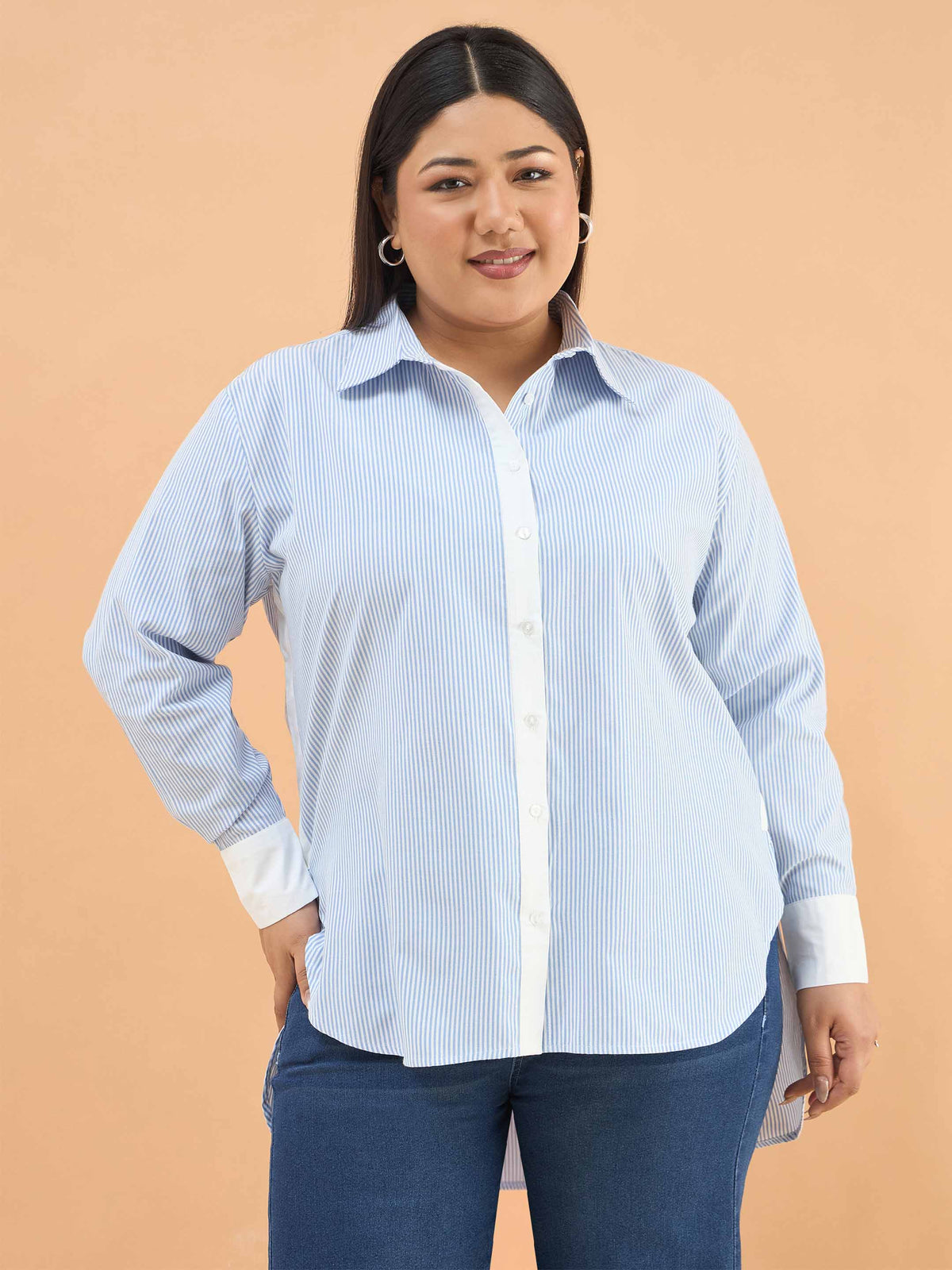 Ice Blue Stripes High-Low Shirt-SASSAFRAS Curve