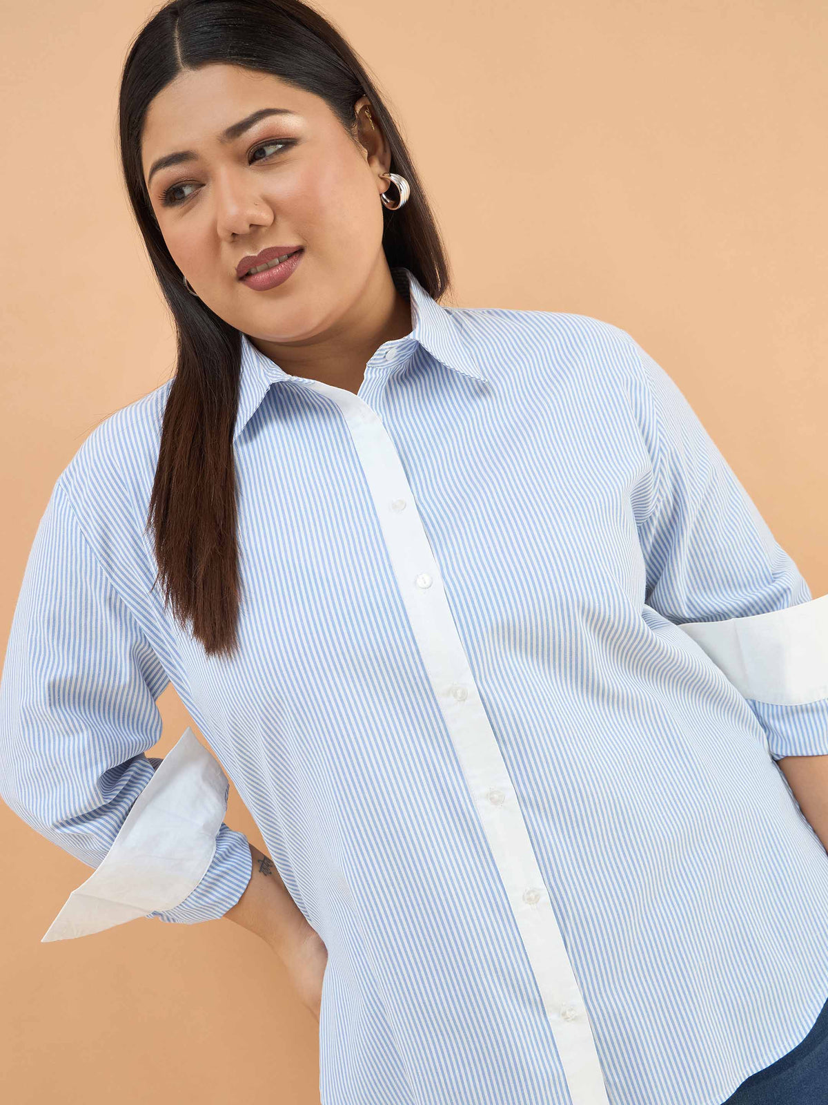 Ice Blue Stripes High-Low Shirt-SASSAFRAS Curve