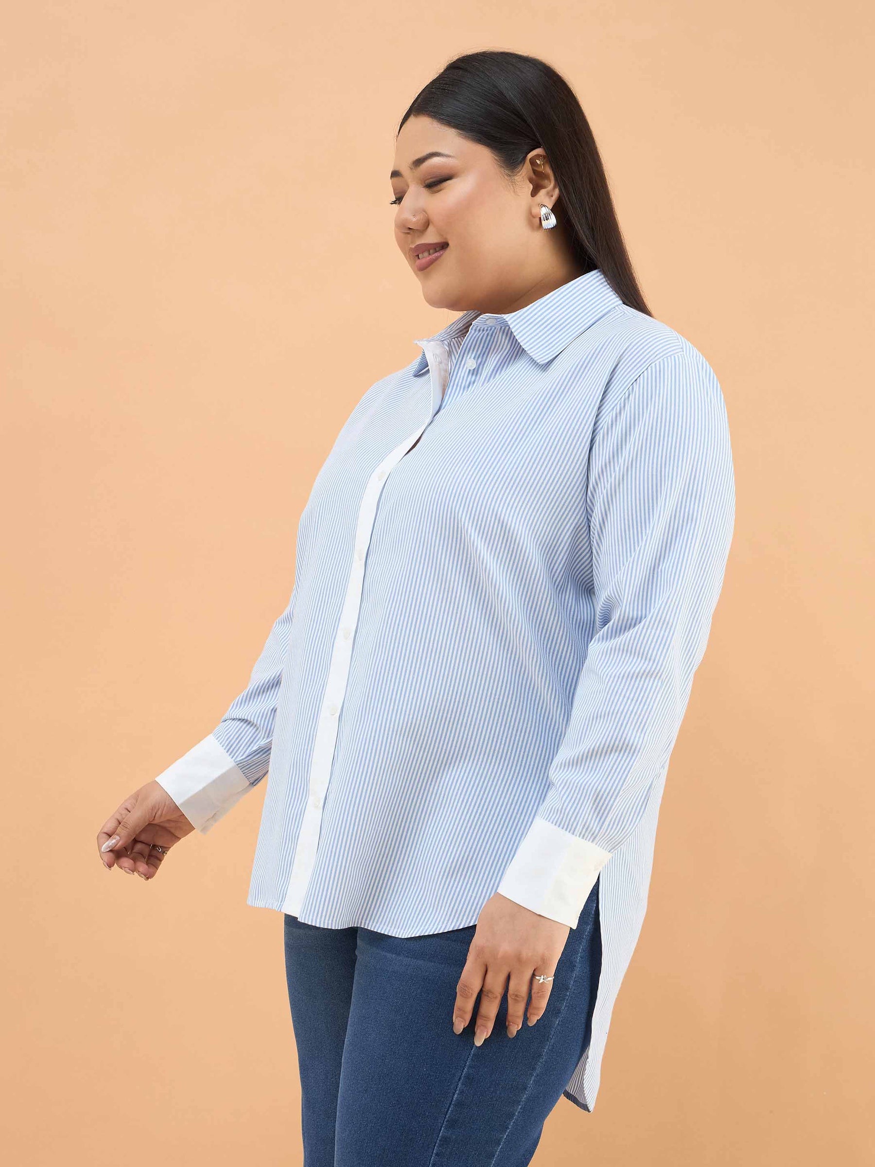 Ice Blue Stripes High-Low Shirt-SASSAFRAS Curve