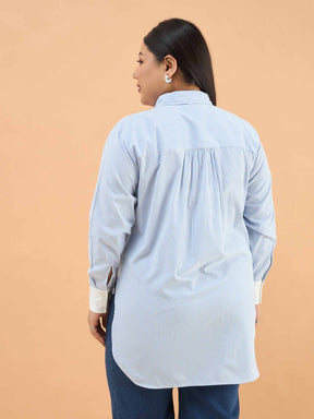 Ice Blue Stripes High-Low Shirt-SASSAFRAS Curve