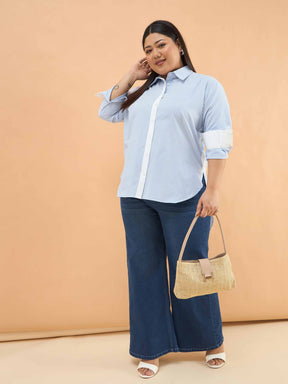 Women Ice Blue Stripes High-Low Shirt