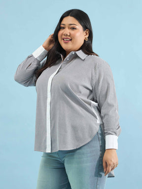 Black Stripes High-Low Shirt-SASSAFRAS Curve