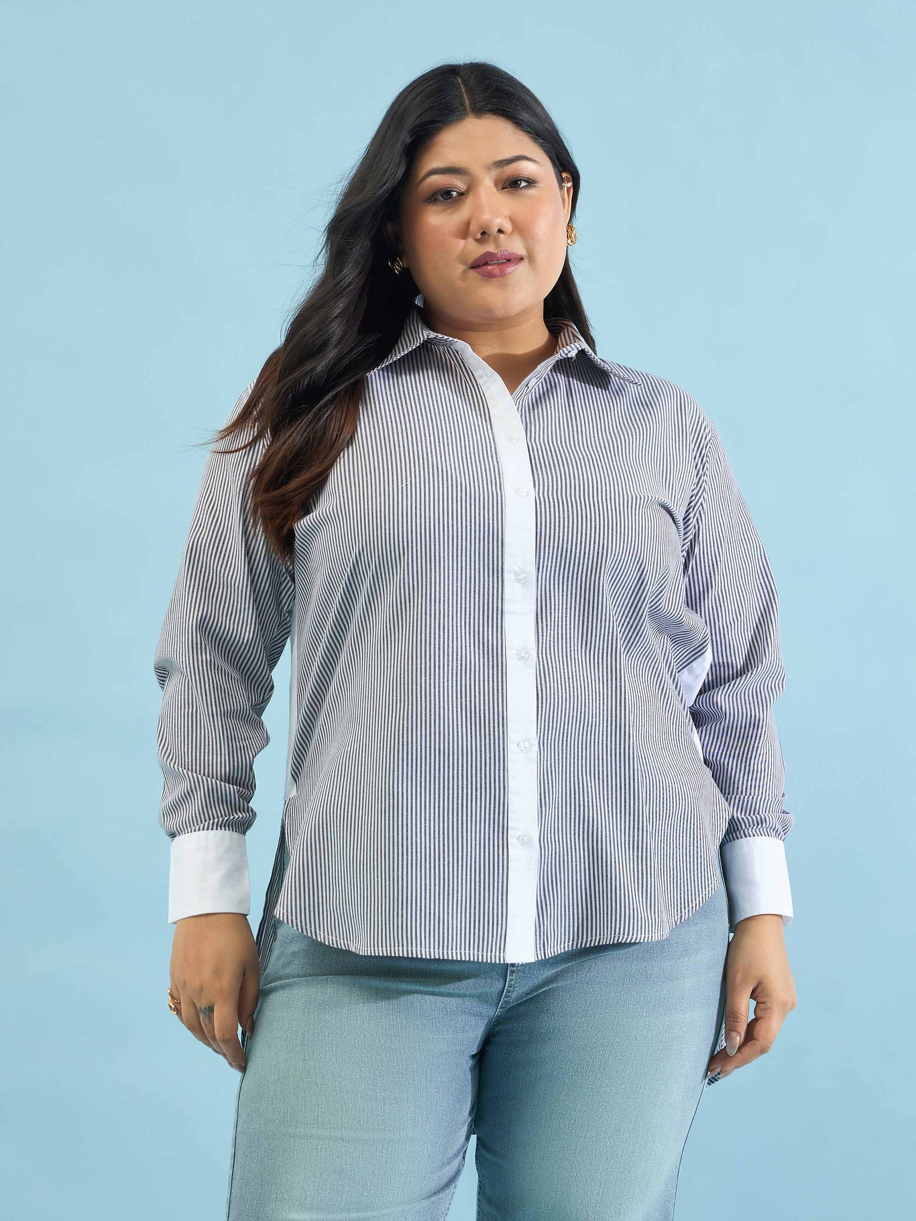 Black Stripes High-Low Shirt-SASSAFRAS Curve