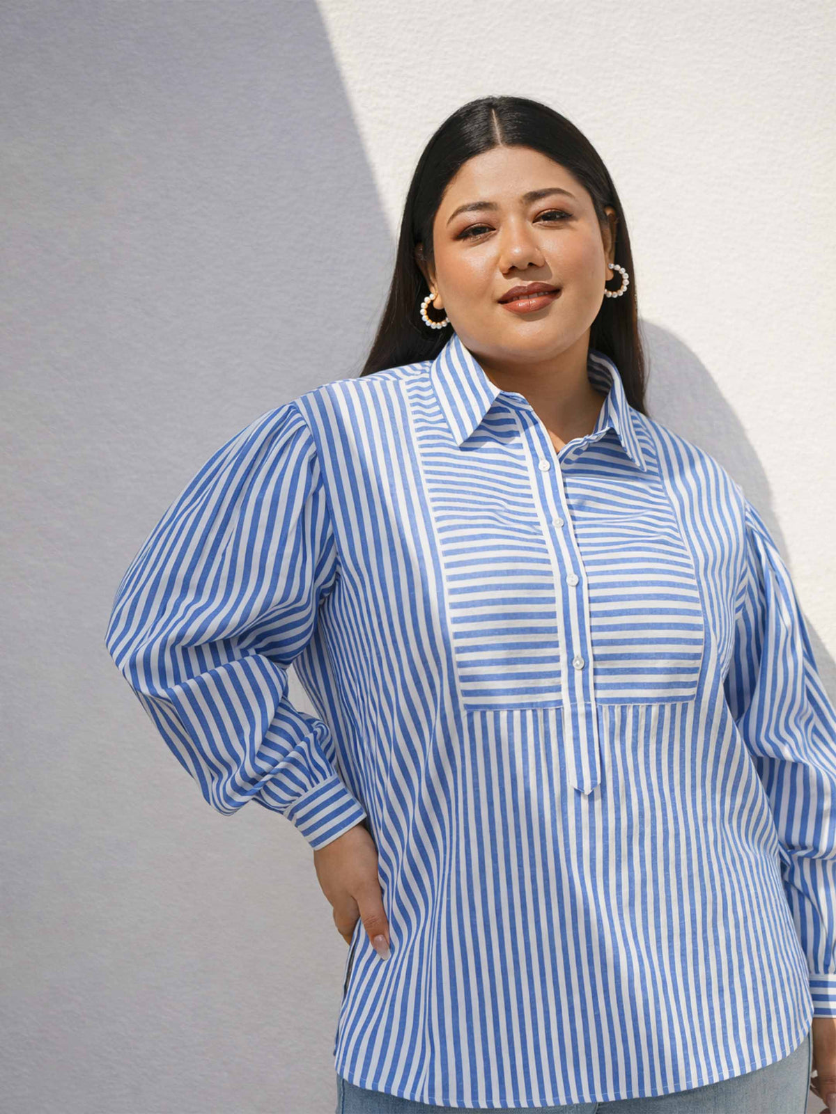 Navy Stripes Front Yoke Detail Regular Shirt -SASSAFRAS Curve