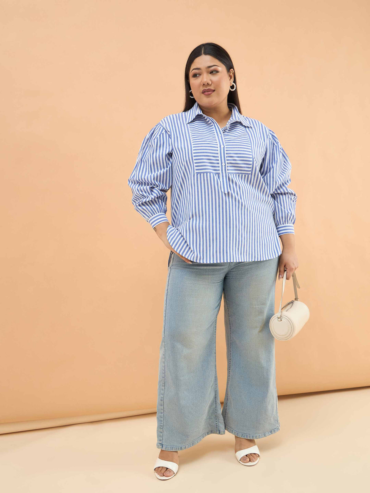 Navy Stripes Front Yoke Detail Regular Shirt -SASSAFRAS Curve