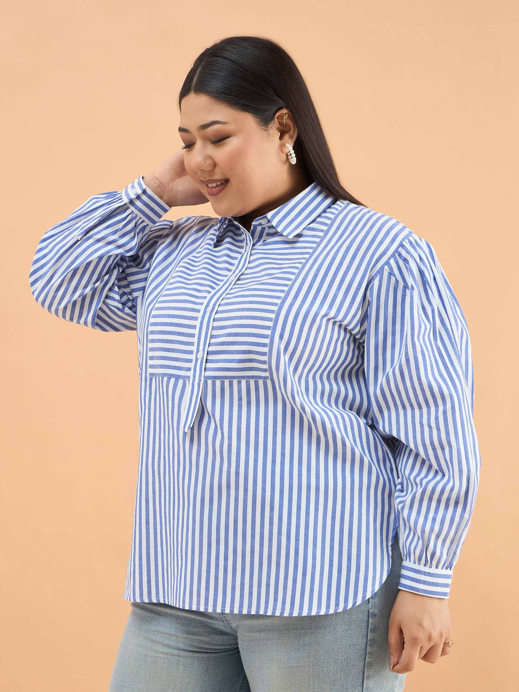 Navy Stripes Front Yoke Detail Regular Shirt -SASSAFRAS Curve