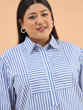 Navy Stripes Front Yoke Detail Regular Shirt -SASSAFRAS Curve