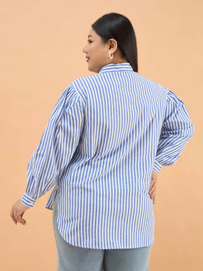 Navy Stripes Front Yoke Detail Regular Shirt -SASSAFRAS Curve