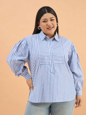 Women Navy Stripes Front Yoke Detail Regular Shirt