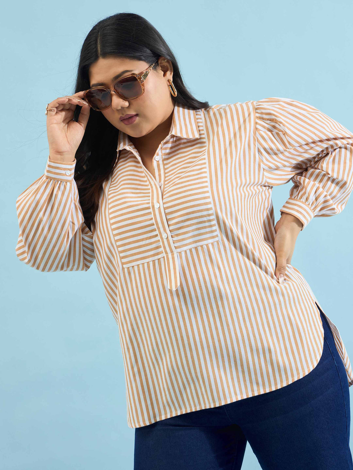 Brown Stripes Front Yoke Detail Regular Shirt -SASSAFRAS Curve