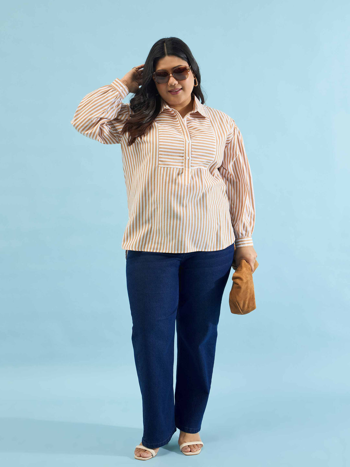 Brown Stripes Front Yoke Detail Regular Shirt -SASSAFRAS Curve