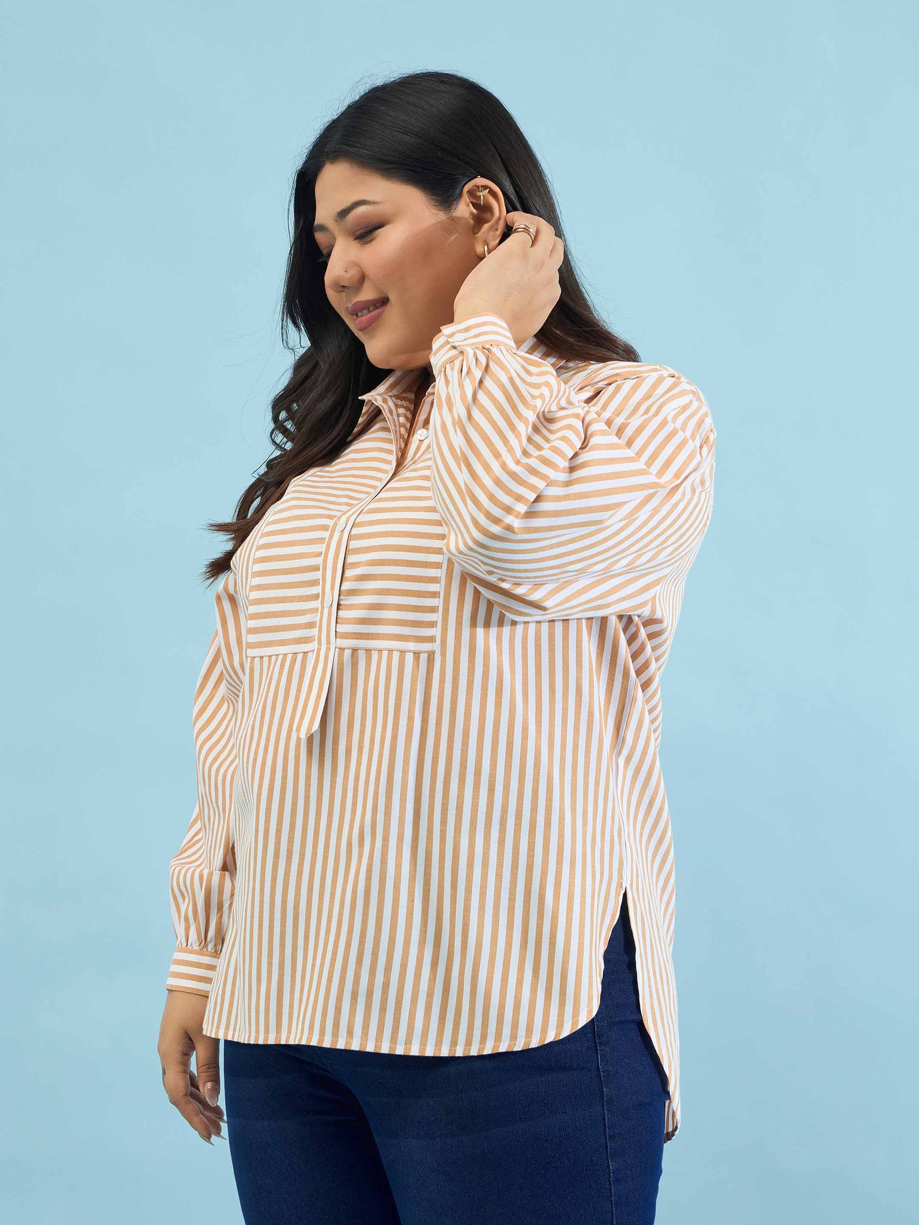 Brown Stripes Front Yoke Detail Regular Shirt -SASSAFRAS Curve