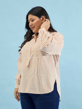 Brown Stripes Front Yoke Detail Regular Shirt -SASSAFRAS Curve
